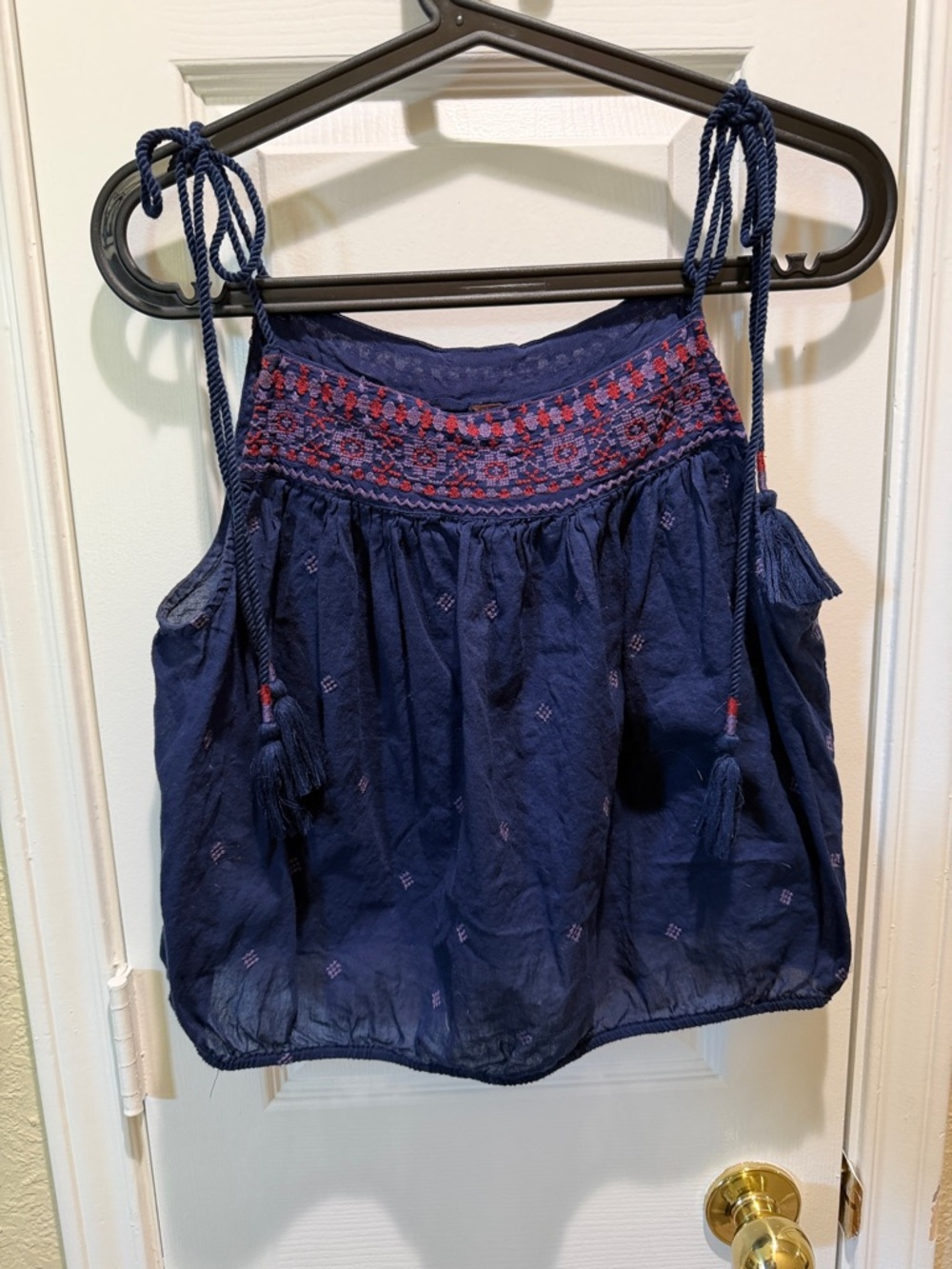 Free People Navy Blue Embroidered Tie-Shoulder Camisole